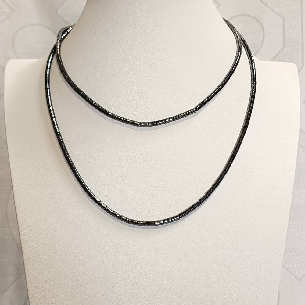 Polished Hematite Beaded Necklace 17" Tube Beads Metallic Gray Gemstone